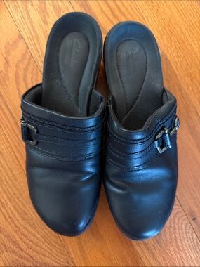 Clarks Black Leather Buckle Slip-On Mules